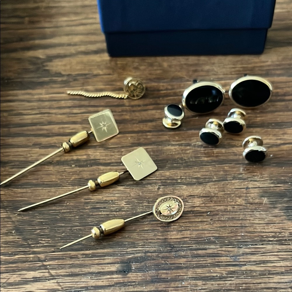 Elegant Gold and Black Men's Accessory Set Cuff Links Tie Tacks Tuxedo Buttons